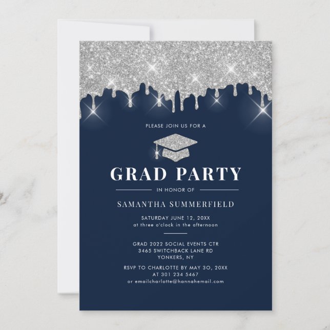 Grad 2022 Navy Silver Glitzer Graduation Party Einladung (Vorderseite)