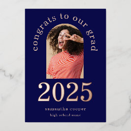 Grad 2025 Arch Foto Navy Rose Gold Foil Ankündigun Folieneinladung
