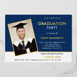 Grad 2025 Graduation Party Foto Navy White Gold Folieneinladung