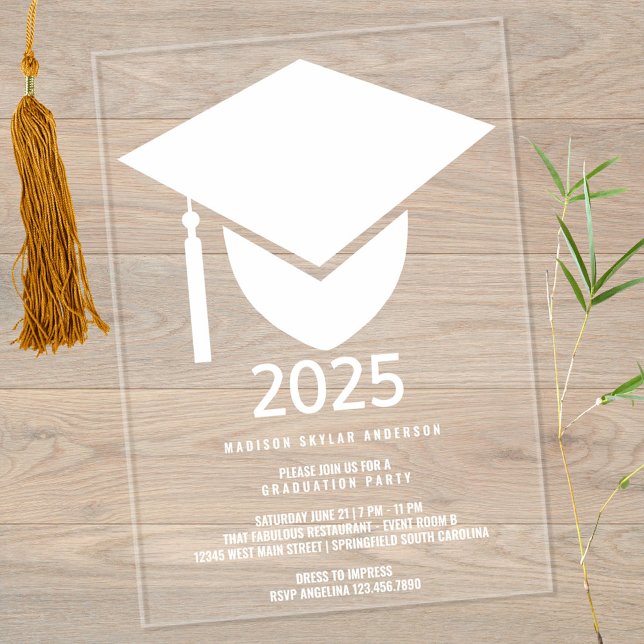 Grad 2025 Moderne Formal White Cap Graduation Part Acryleinladungen (A bold cap & tassel in white printed on clear acrylic sets the tone for your graduation celebrations)