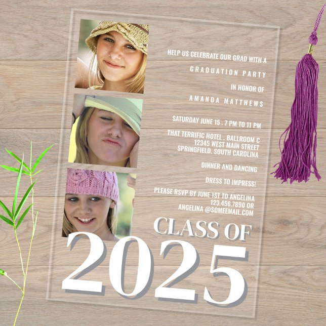 Grad 2025 Moderner Weißer Text 3 Foto Abschluss Acryleinladungen (These white typography design graduation invitations feature three photos of your proud graduate)