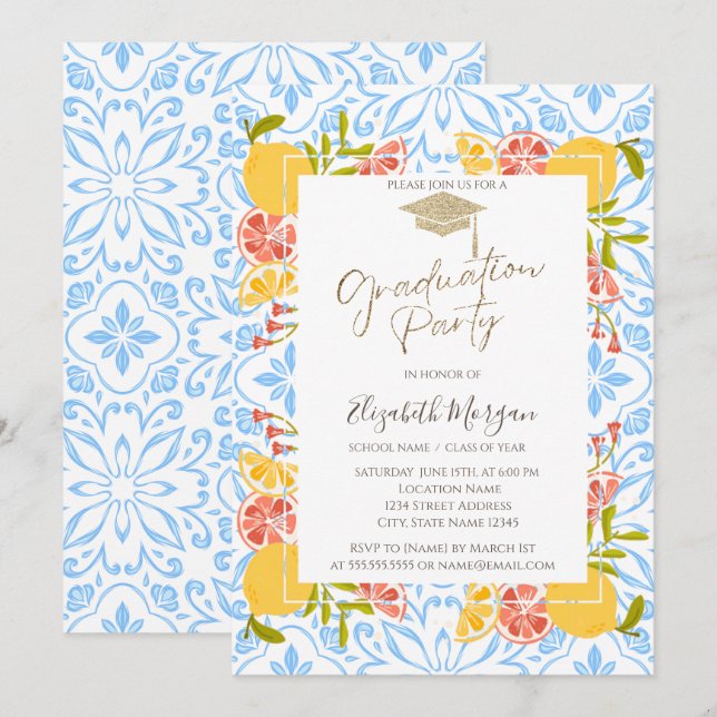 Grad Cap, Citrus Blue Abschluss Mittelmeer Einladung (Vorne/Hinten)