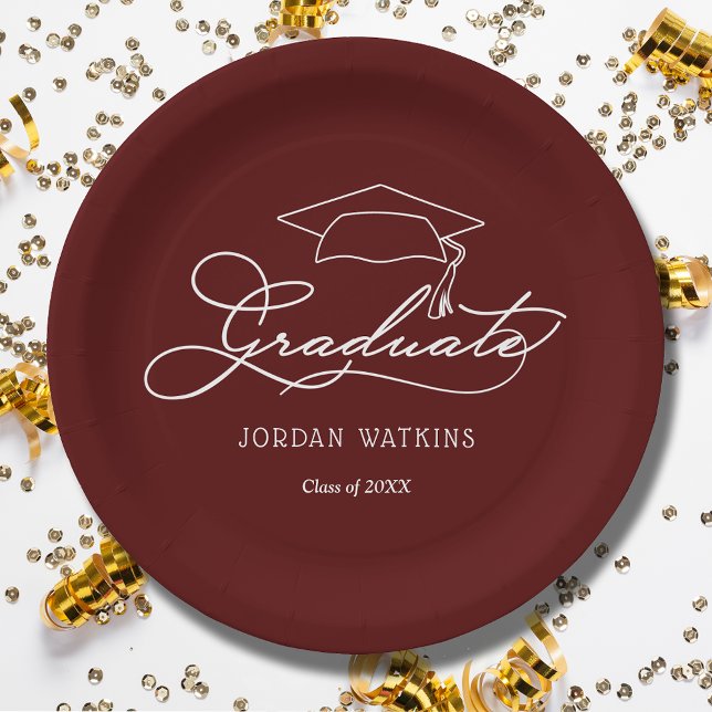 Grad Cap Dark Maroon Abschluss Pappteller (White script grad cap on dark maroon personalized graduation paper plates, napkins in our store)