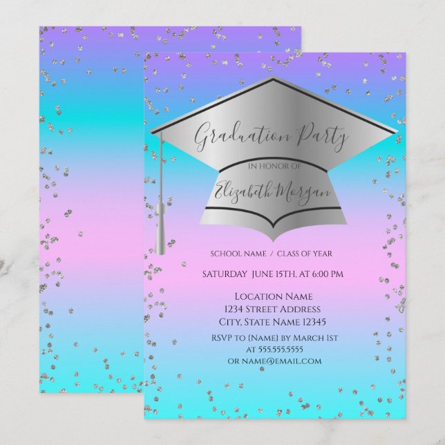 Grad Cap, Diamanten Frame Holographic Abschluss Einladung (Vorne/Hinten)