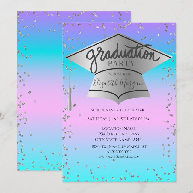 Grad Cap, Diamonds Ombre Holographic Abschluss Einladung (Vorne/Hinten)