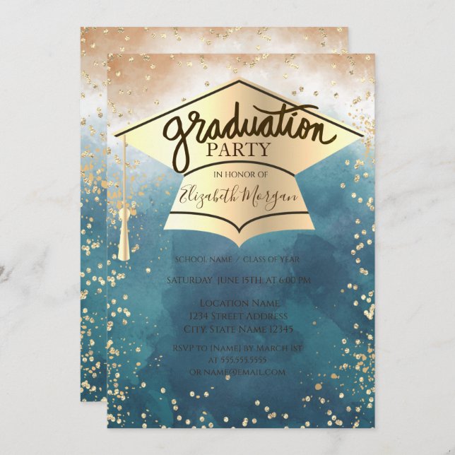 Grad Cap, Diamonds Paint Splash Abschluss Einladung (Vorne/Hinten)