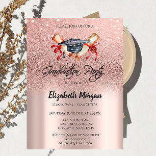 Grad Cap Diploma Rose Gold Glitzer Abschluss Einladung