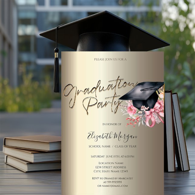 Grad Cap Flowers Bow Your Photo Gold Graduation Einladung (Von Creator hochgeladen)