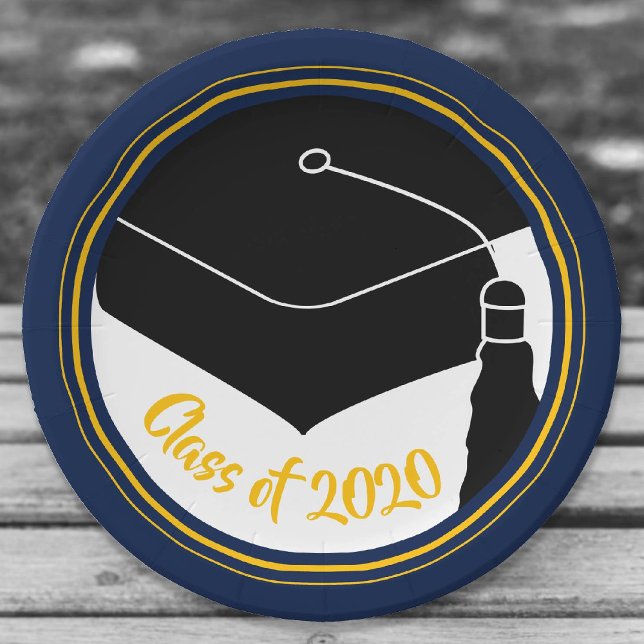 Grad Cap Navy und Gold Class Year Pappteller (Von Creator hochgeladen)