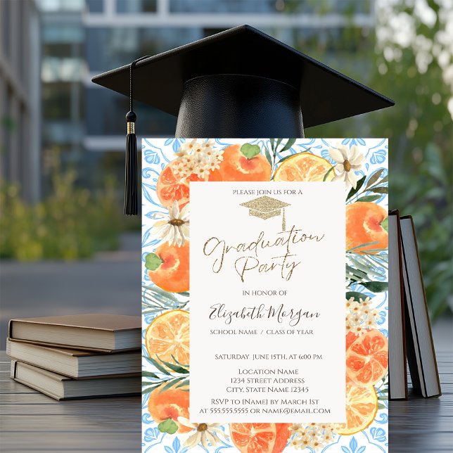 Grad Cap, Orange Mediterranean Blue Abschluss Einladung (Von Creator hochgeladen)