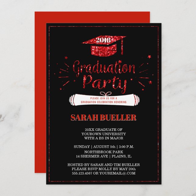 Grad Cap Red Glitzer 2018 Graduation Party Einladung (Vorne/Hinten)