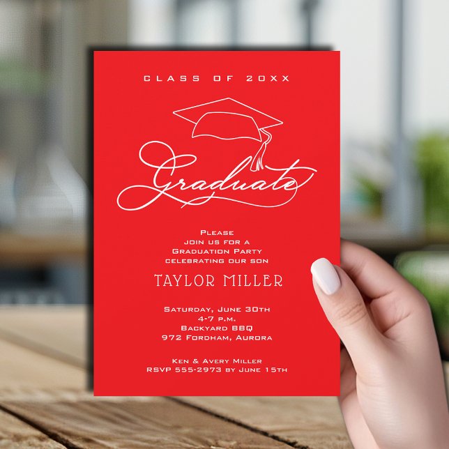 Grad Cap Red Graduation Party Einladung (Elegant white script and grad hat red graduation party invitations)