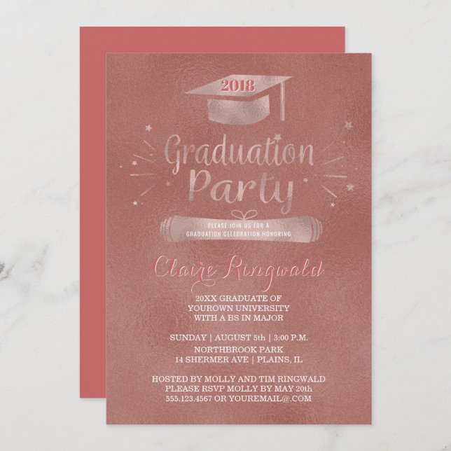 Grad-Cap-Rose-Gold-Graduation-Party 2018 Einladung (Vorne/Hinten)