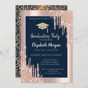 Grad Cap, Rose Gold Tropfen, Navy Blue Gold Mandal Einladung