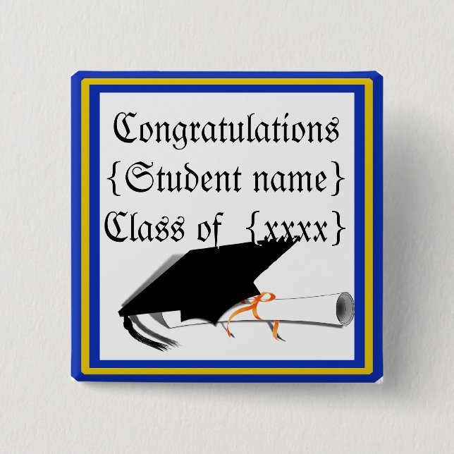 Grad Cap Tilt mit Schulfarben Blau und Gold Button (Vorderseite)