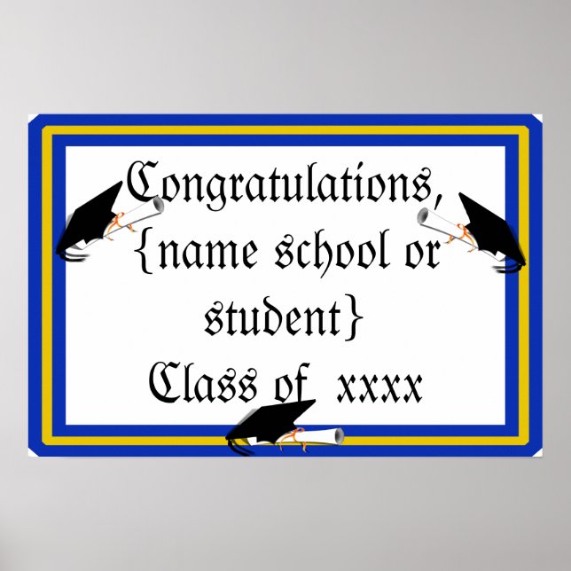 Grad Cap Tilt mit Schulfarben Blau und Gold Poster (Vorne)