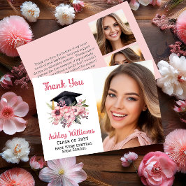 Grad Cap und Pink Florals 3 Foto Abschluss Dankeskarte