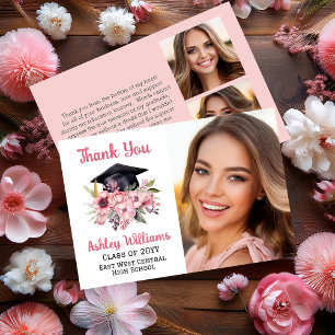 Grad Cap und Pink Florals 3 Foto Abschluss Dankeskarte