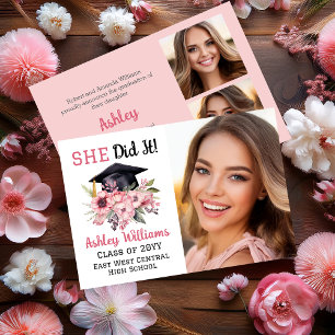 Grad Cap und Pink Florals 3 Foto Sie tat es Ankündigung