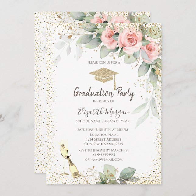 Grad Cap, Weinglas, Blume Abschluss Einladung (Vorne/Hinten)