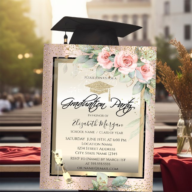 Grad Cap, Weinglas, Blume Rose Gold Abschluss Einladung (Von Creator hochgeladen)