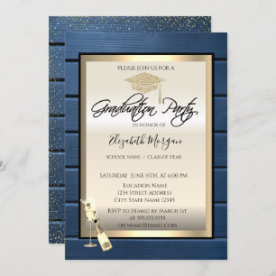 Grad Cap, Weinglas, Navy Blue Wood Abschluss Einladung