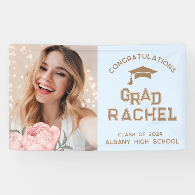 Grad Cute Blaue Blumige Absolvent Abschlussfeier Banner (Horizontal)