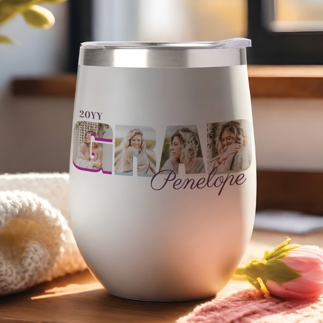 GRAD Fett Type Graduate Four Fotos Individuelle Na (GRAD Bold Type Graduate Four Photos Custom Name Thermal Wine Tumbler)
