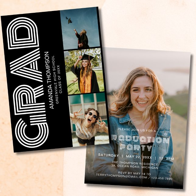 Grad Foto Collage Black Gold Abschluss Einladung (Von Creator hochgeladen)