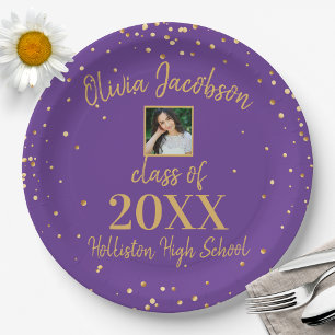 Grad Foto Gold Confetti Graduation Party Lila Pappteller