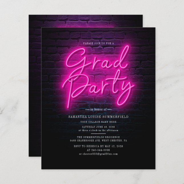Grad Foto Neon Graduation Party Einladung (Vorne/Hinten)