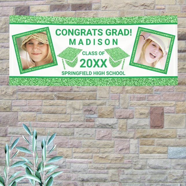 Grad Glam Green Cap Graduation Party Picture Banner (Von Creator hochgeladen)