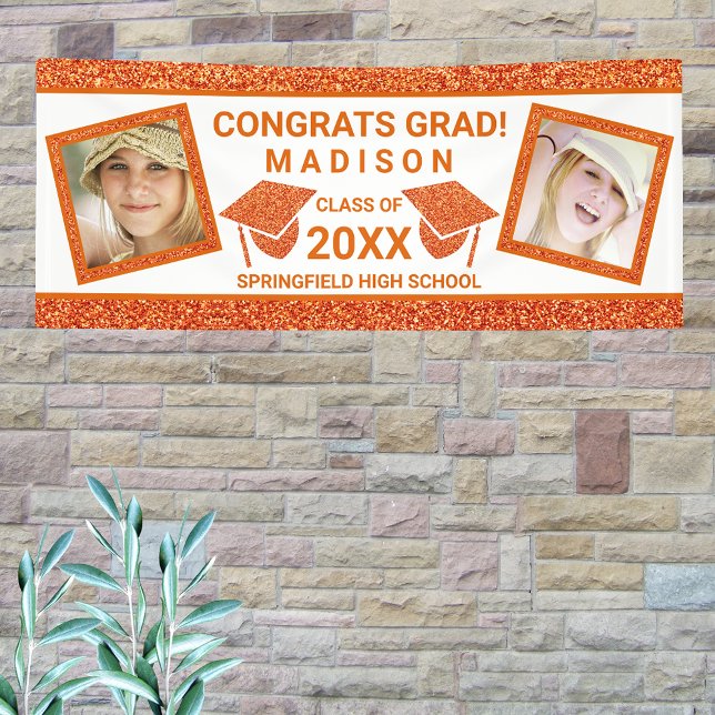 Grad Glam Orange Cap Graduation Party Picture Banner (Von Creator hochgeladen)