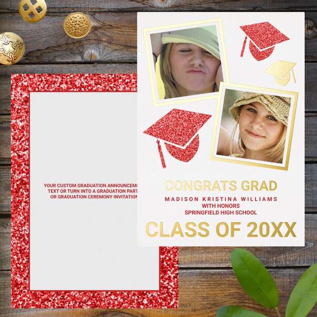 Grad Glam Red Cap Foto Collage Graduate Folieneinladung (Von Creator hochgeladen)