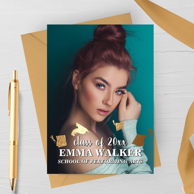 Grad Hat Toss Abschluss Ankündigung (Elegant Bronze Graduation Hat Toss Photo Announcement Card)