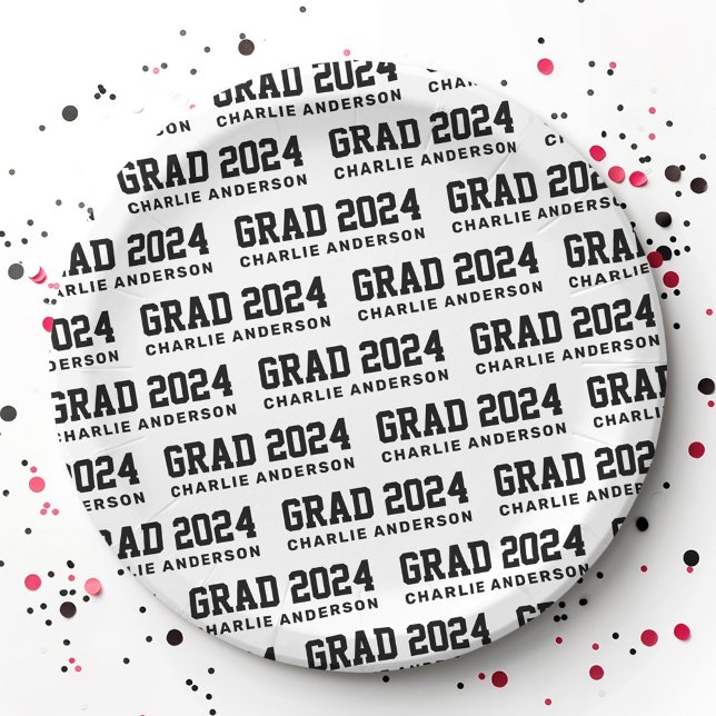 Grad Jahr 2024 Graduiertenname weiß schwarz Pappteller (Grad year 2024 graduate name white black paper plates)