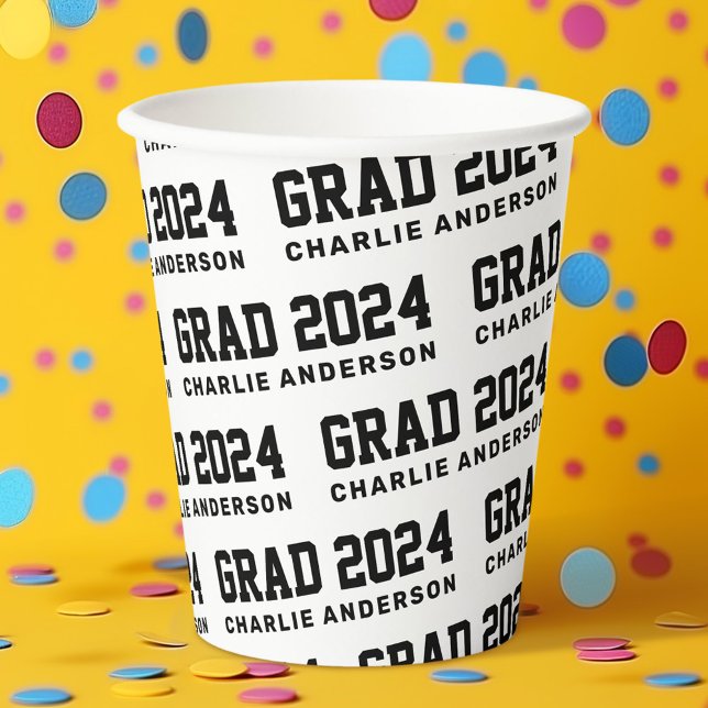 Grad Jahr 2024 Studienbezeichnung Schwarz-weiß Pappbecher (Grad year 2024 graduate name black white paper cups)