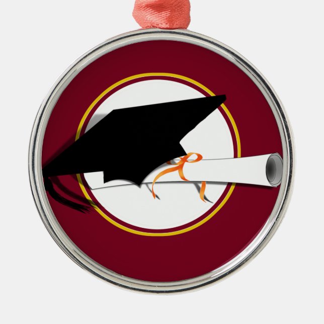 Grad Kappe mit Schulfarben rot und Gold Silbernes Ornament (Vorne)