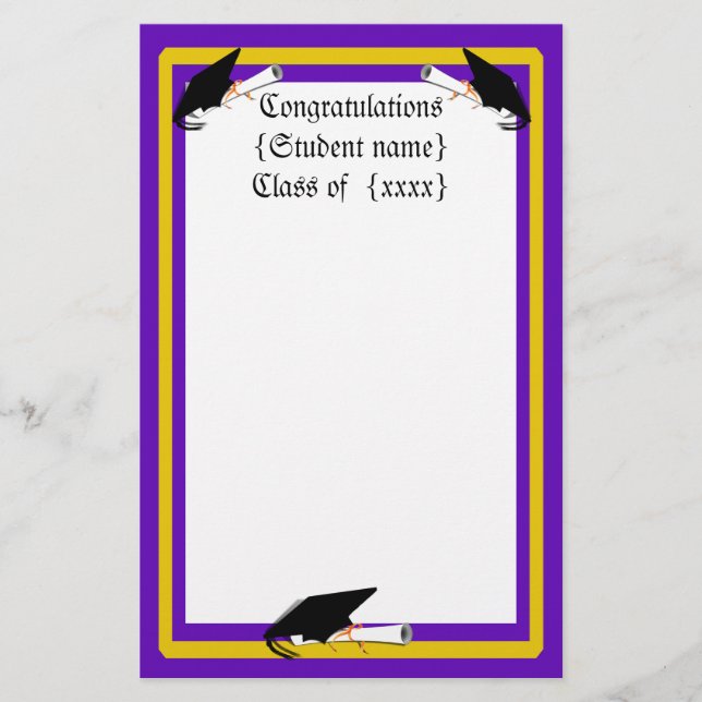 Grad Kappe Tilt & Diplom mit Farben Lila & Gold Briefpapier (Vorderseite)