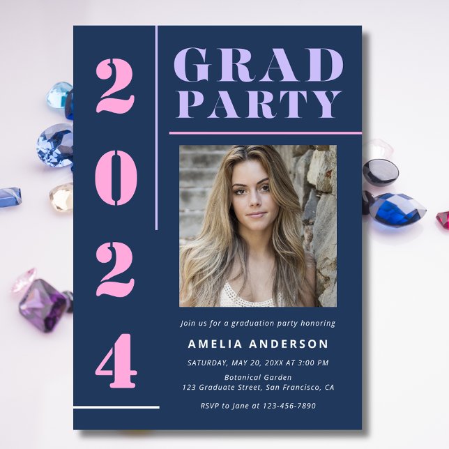 Grad Modern Bold Blue Foto Graduation Party Einladung (Von Creator hochgeladen)