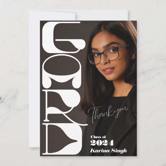 GRAD! Modernes Script Abschluss Foto Vielen Dank Einladung (Vorderseite)