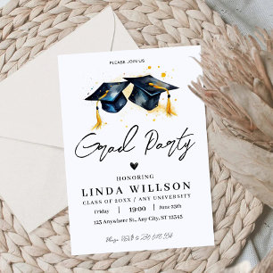 Grad Party Abschluss Hat Watercolor Einladung