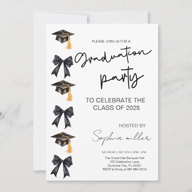 Grad Party Invite Class of 2025,Black Bow Einladung (Vorderseite)