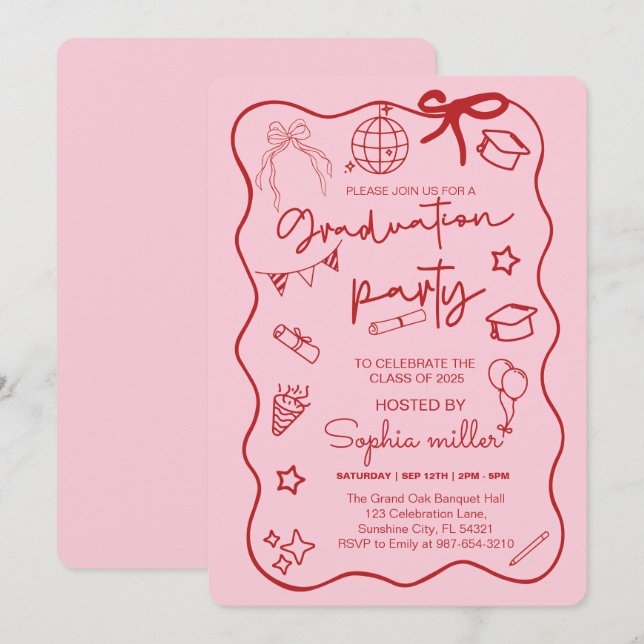 Grad Party Retro Invite Class of 2025,Whimsical Einladung (Vorne/Hinten)