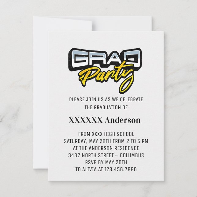 Grad Party Script Gold Schwarz und Weiß RSVP Karte (Vorderseite)