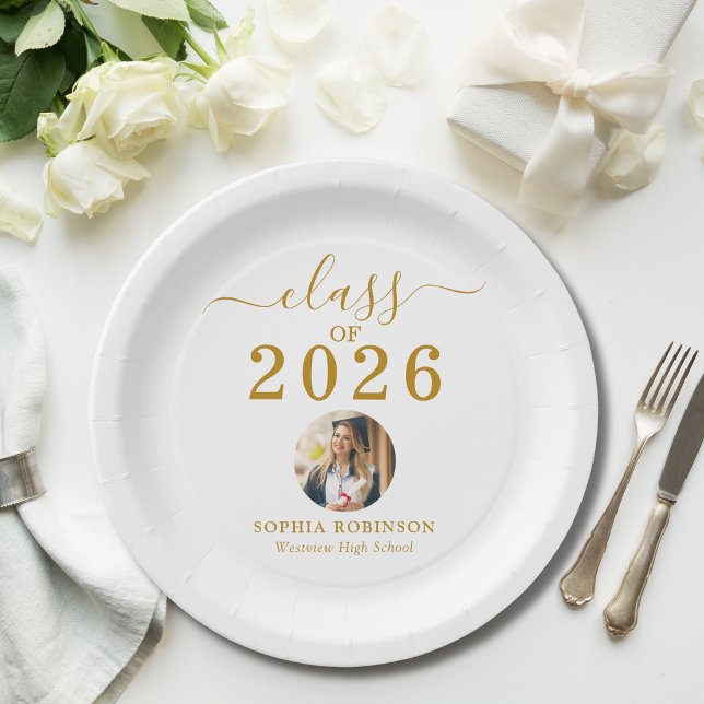 Grad Photo Class of 2026 Gold Script Graduation   Pappteller (Von Creator hochgeladen)