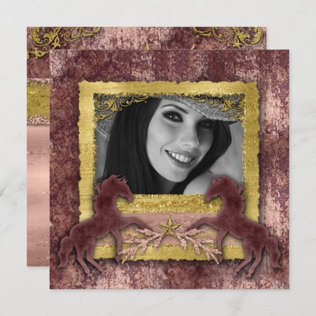 Grad Rose Gold Vintage Pferde Western Einladung (Vorne/Hinten)