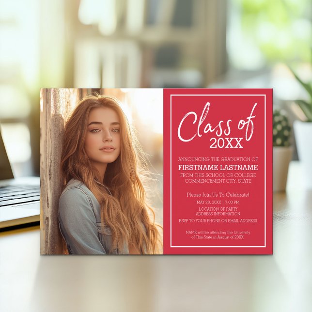 Grad Trendy Abschluss Foto Ankündigung rot (Modern Graduation Announcement and Party Invitation)