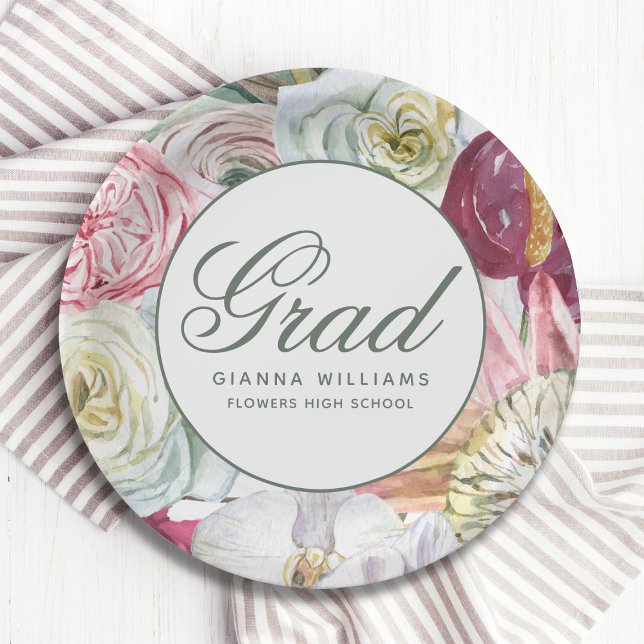 Grad Wasserfarbenflora Elegant Moderner Abschluss Pappteller (Von Creator hochgeladen)
