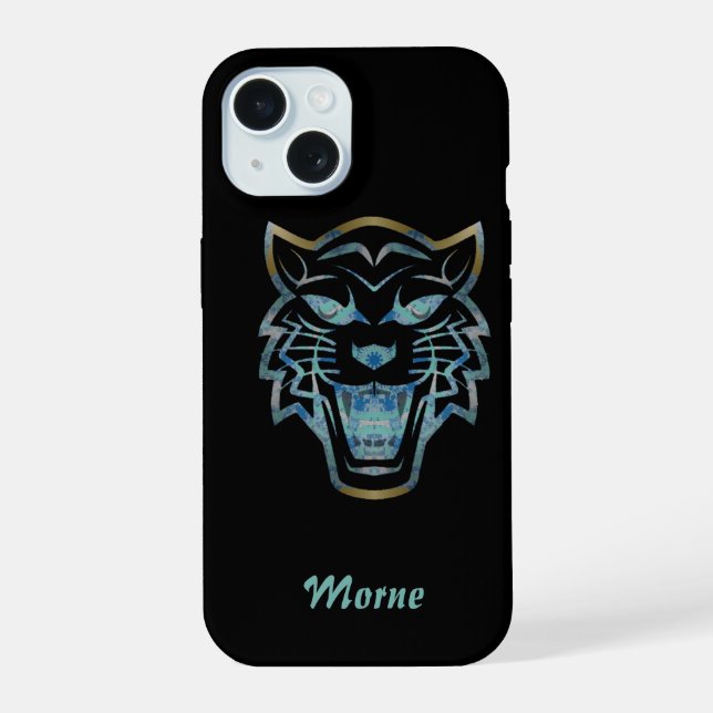 Gradient Blau-Tiger-Silhouette-Monogramm iPhone 15 Hülle (Rückseite)